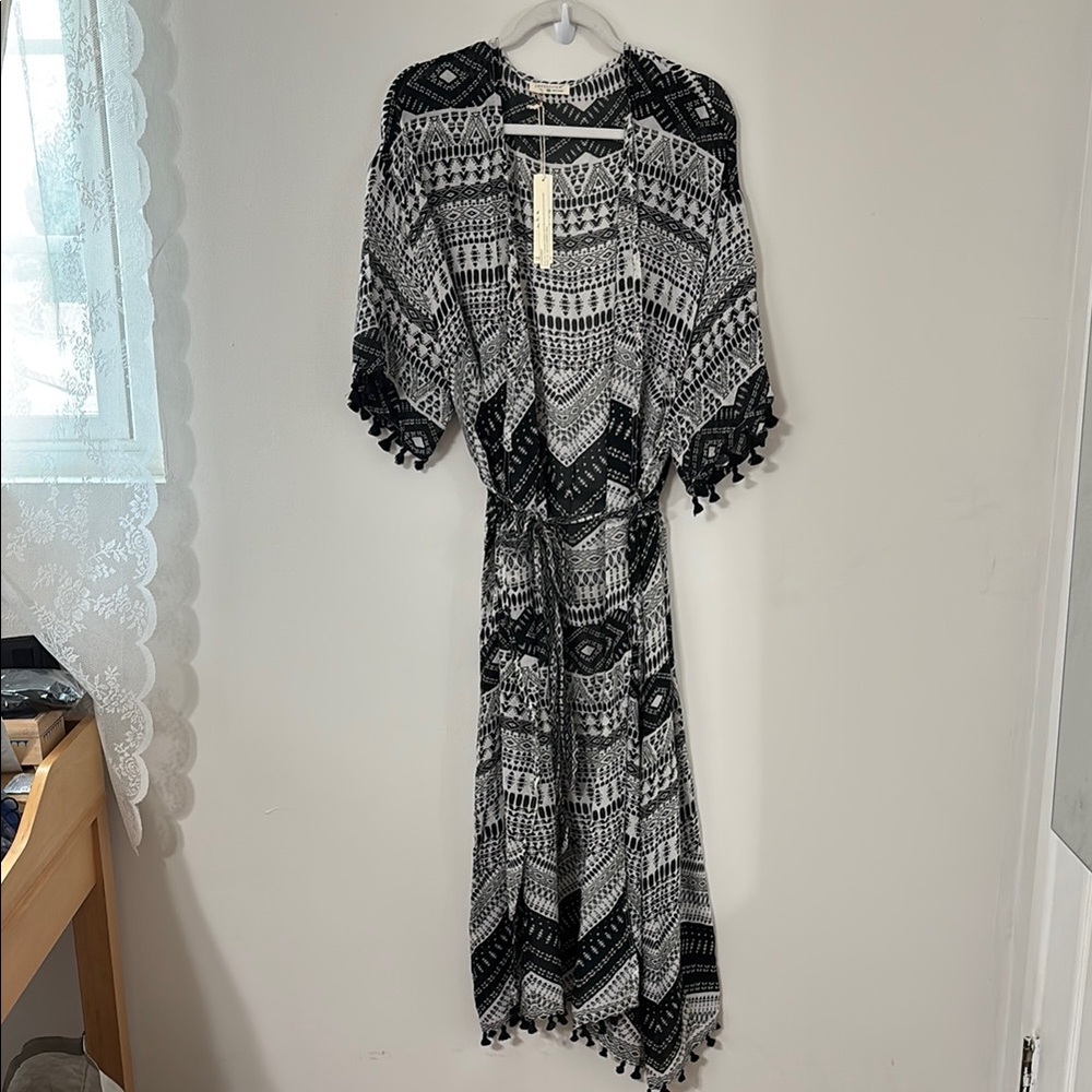 Black and White Patterned Dress with Tassels